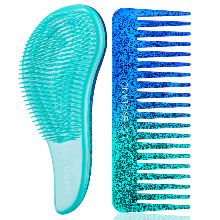 Detangling Brush and Comb Set - Blue Glitter