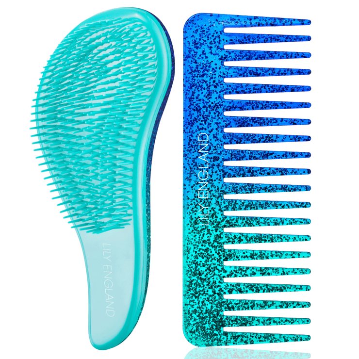 Detangling Brush and Comb Set - Blue Glitter