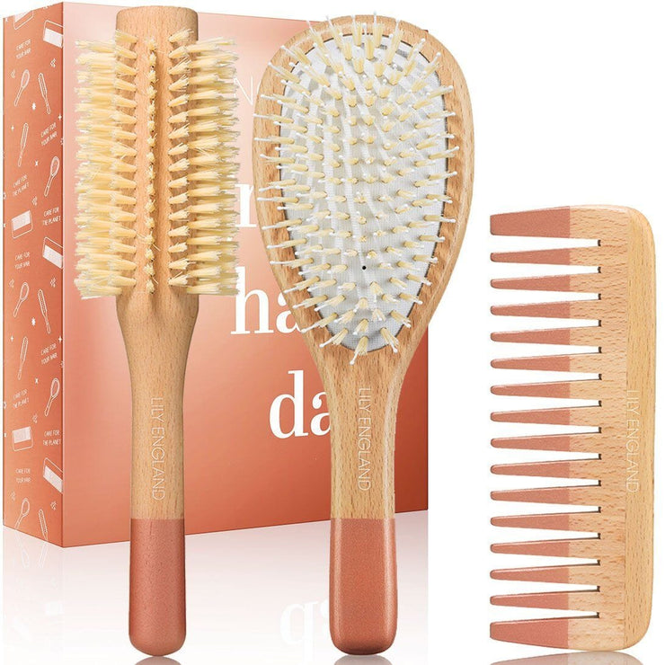Perfectly imperfect Wooden Hair Brush Set - Rose Gold