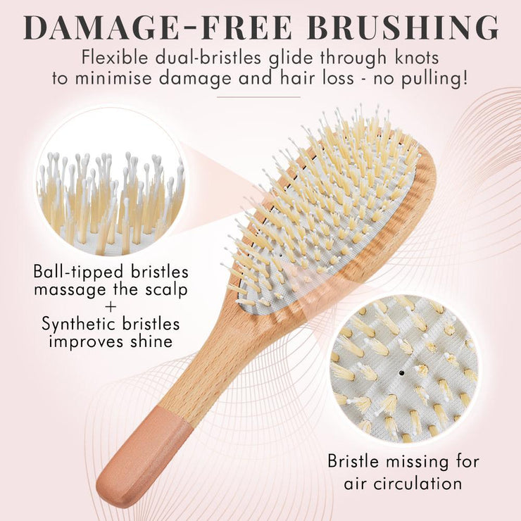 Our Damage- Free Brush has ball tipped bristles that massage the scalp and synthetic bristles that improves shine