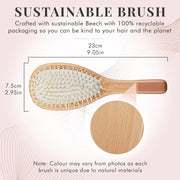 Our sustainable Wooden Paddle Brush has 100% recyclable packaging! Our brush has a unique colour due to its natural materials. Its is 23cm in length and has a 7.5cm width.