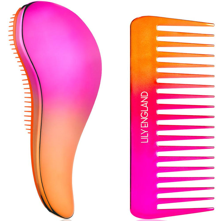 Detangling Hair Brush and Comb Set - Pink/Orange